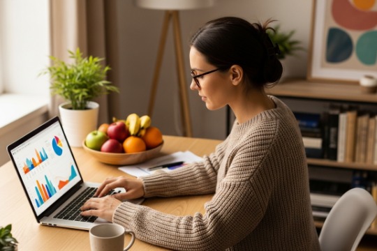 Nutrition practitioner conducting a telehealth session — client visible on screen, clinical interface in view