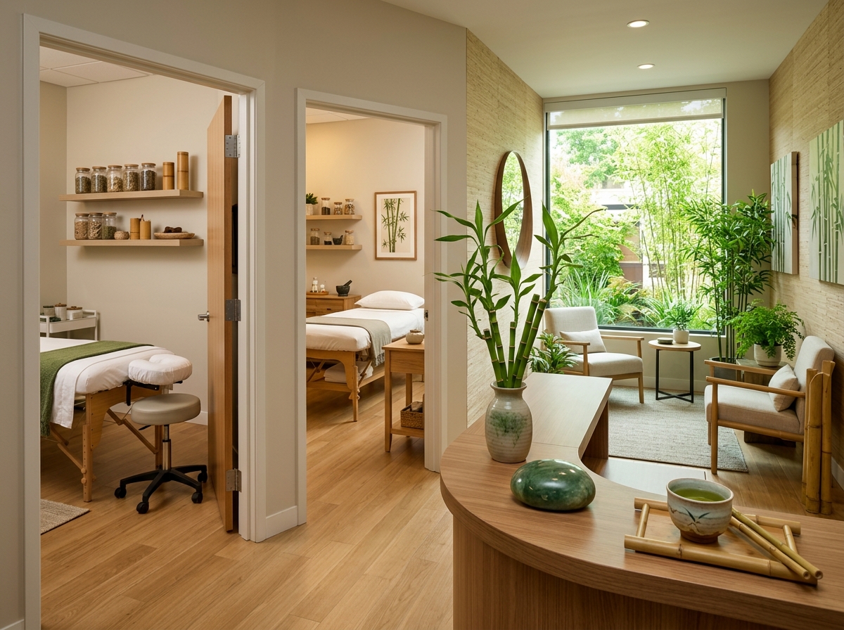 Modern wellness clinic with practitioners collaborating around client data on screens