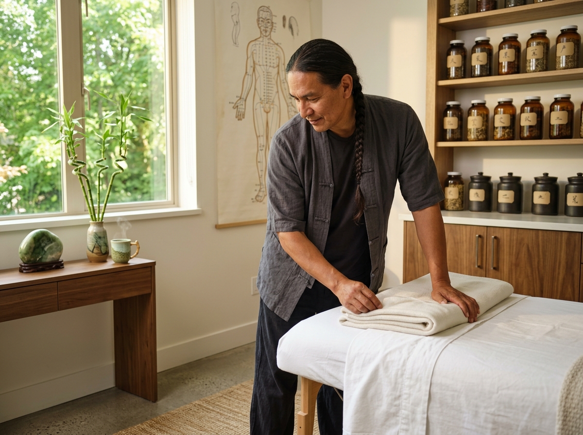 Solo acupuncture practitioner at a modern desk with a laptop showing a practice dashboard