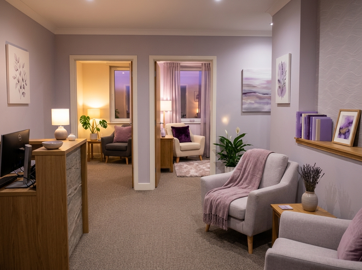 Modern wellness clinic with practitioners collaborating around client data on screens