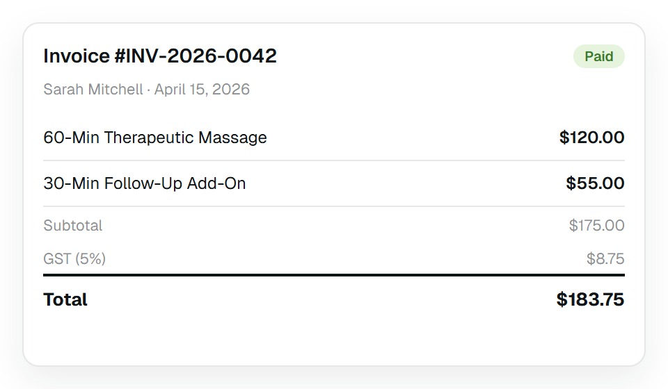Professional invoice with line items for massage therapy consultations, tax calculation, and sent status