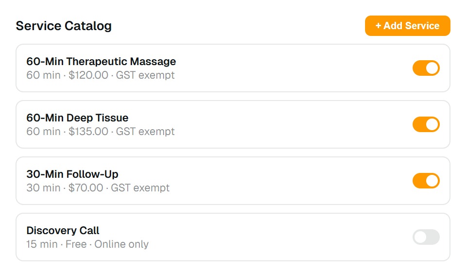 Services catalog showing massage therapy practice services with pricing, duration, and bookability toggles