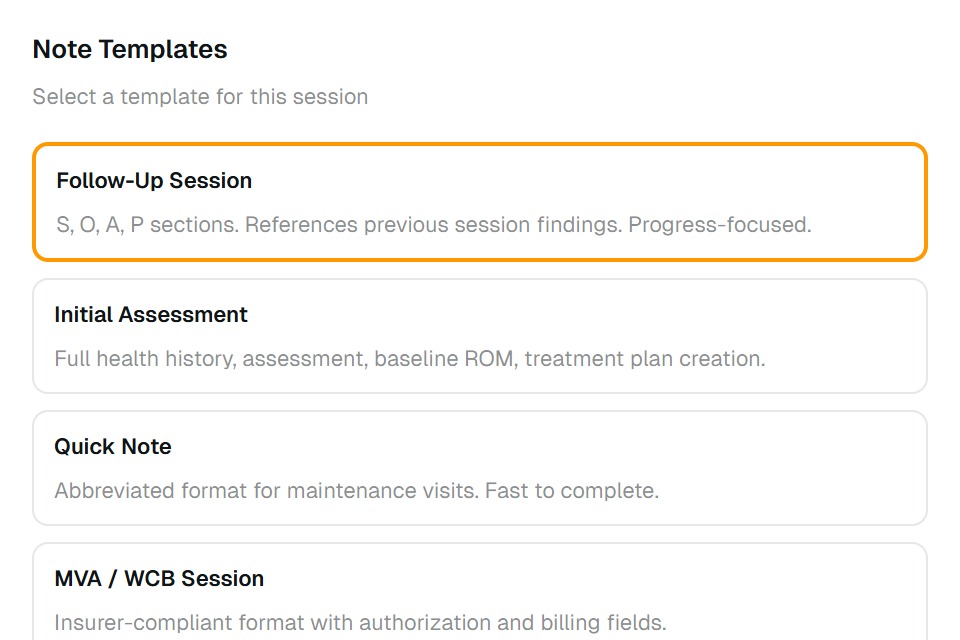 Note template selector for clinical sessions