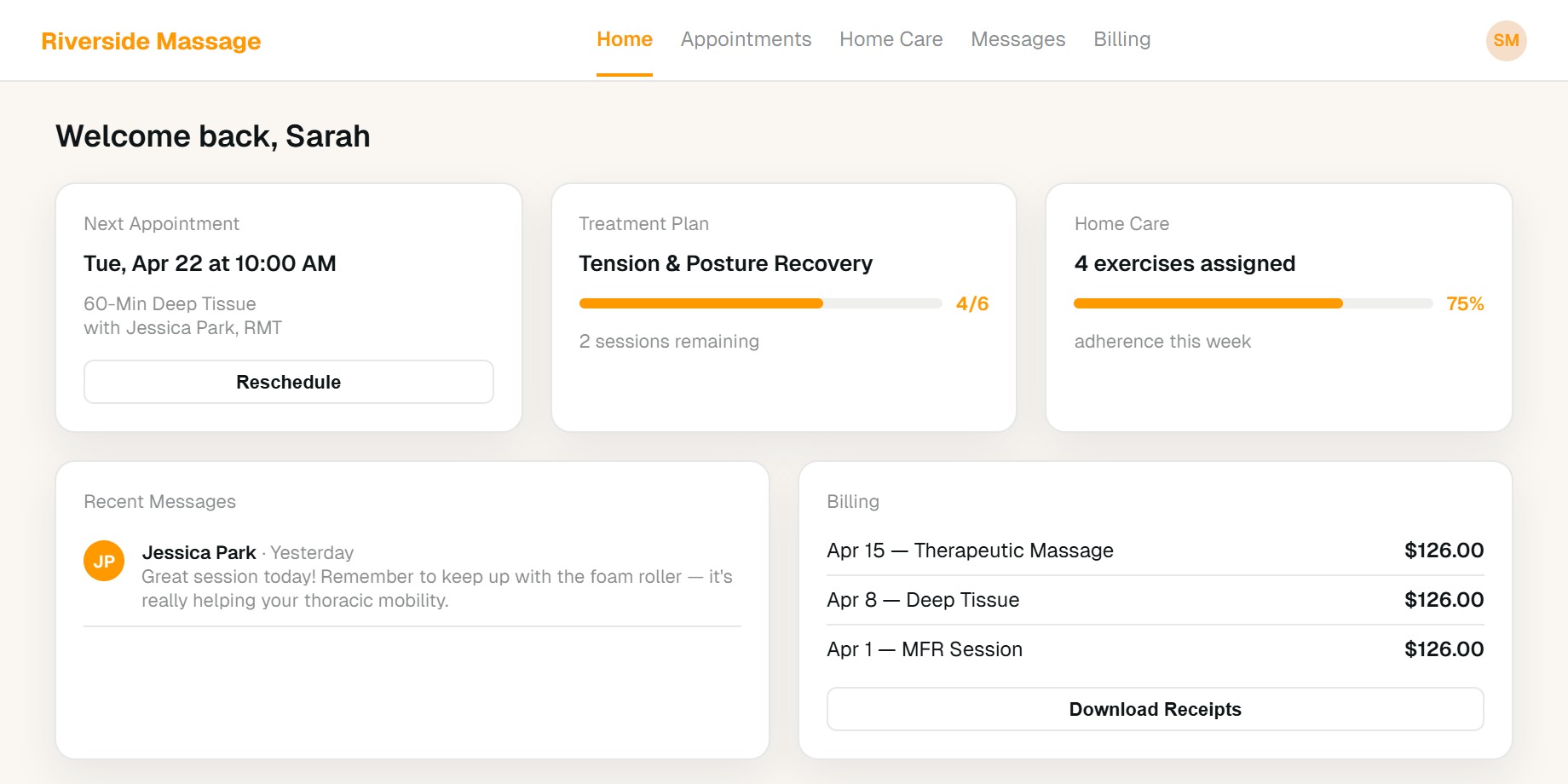 Client portal dashboard showing appointments, care plan, and engagement tools