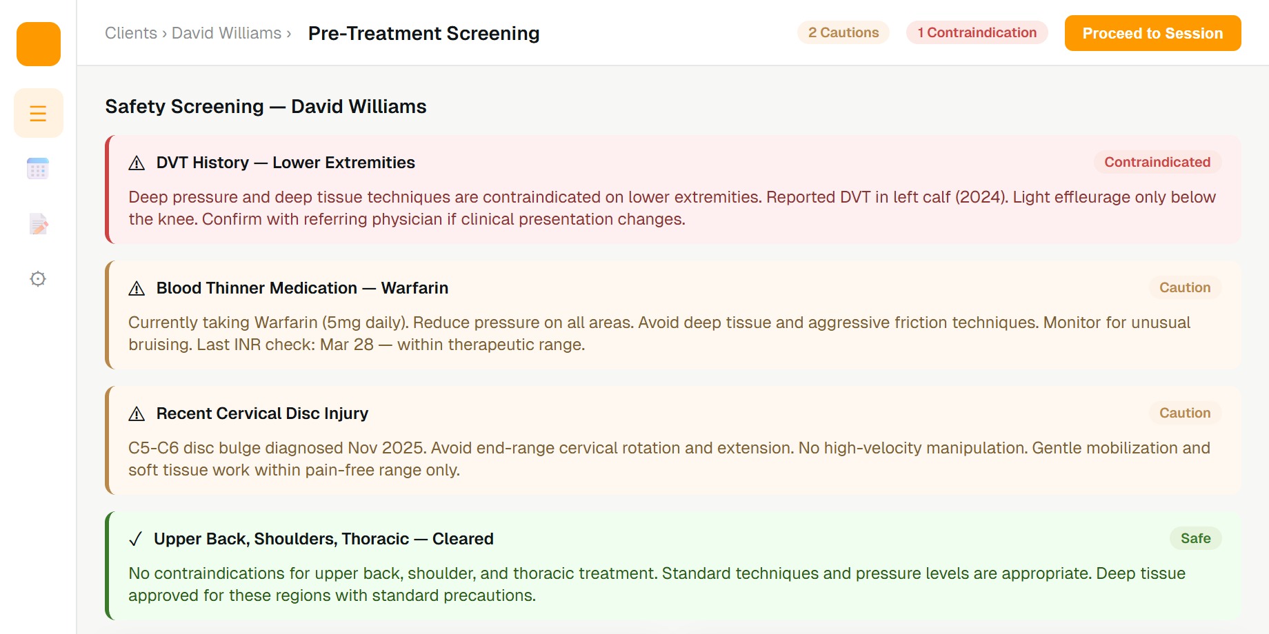 Pre-treatment safety screening panel showing flagged conditions and medication alerts