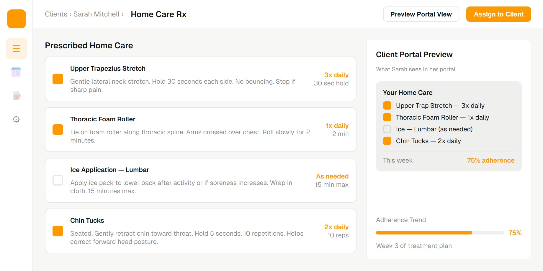 Home care prescription interface with exercise library, client portal preview, and adherence tracking