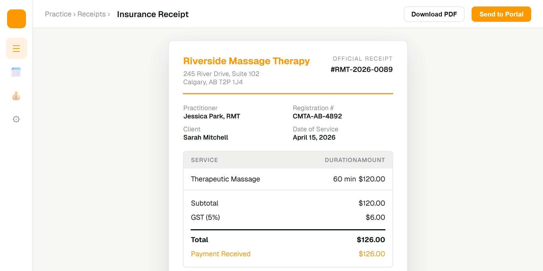 Insurance receipt generator showing auto-populated RMT credentials, tax details, and professional formatting