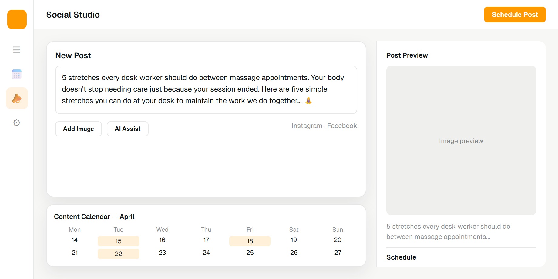 Social media studio with AI-assisted post composer, content calendar, and Instagram preview