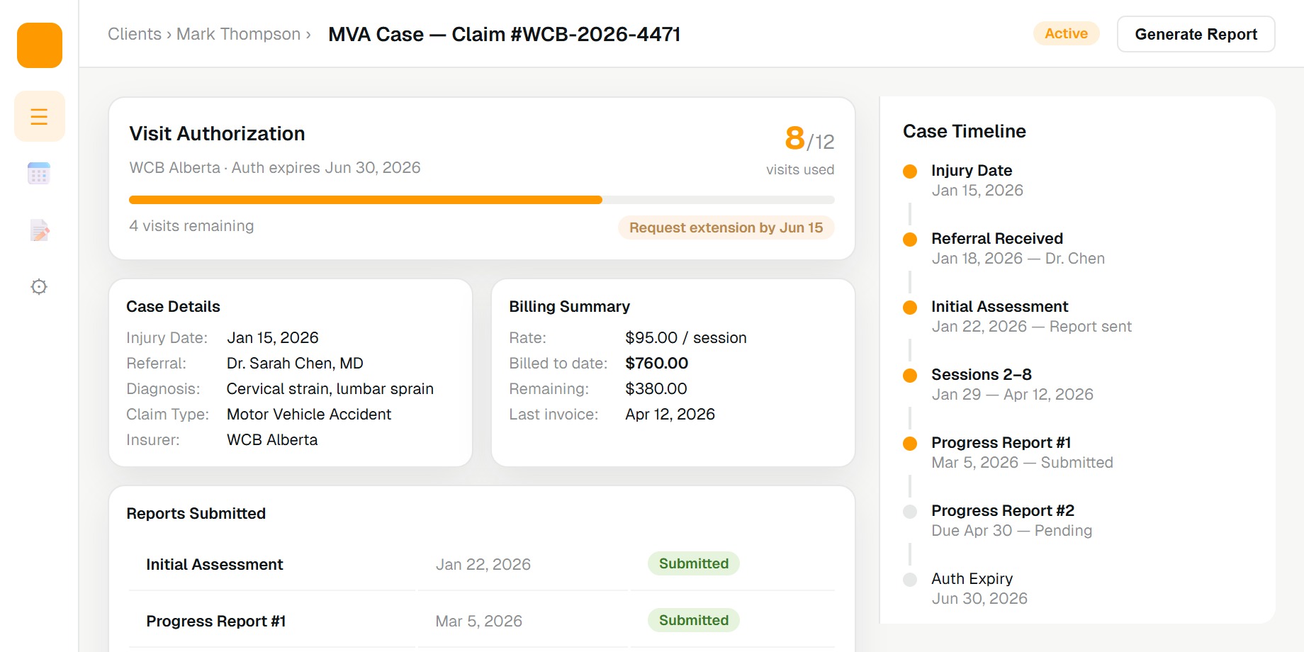 MVA/WCB case management dashboard showing visit authorization, case timeline, and report generation