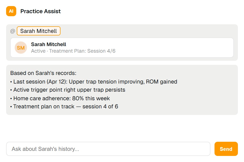 Practice Assist chat with @client search dropdown and context-aware response referencing tracker data