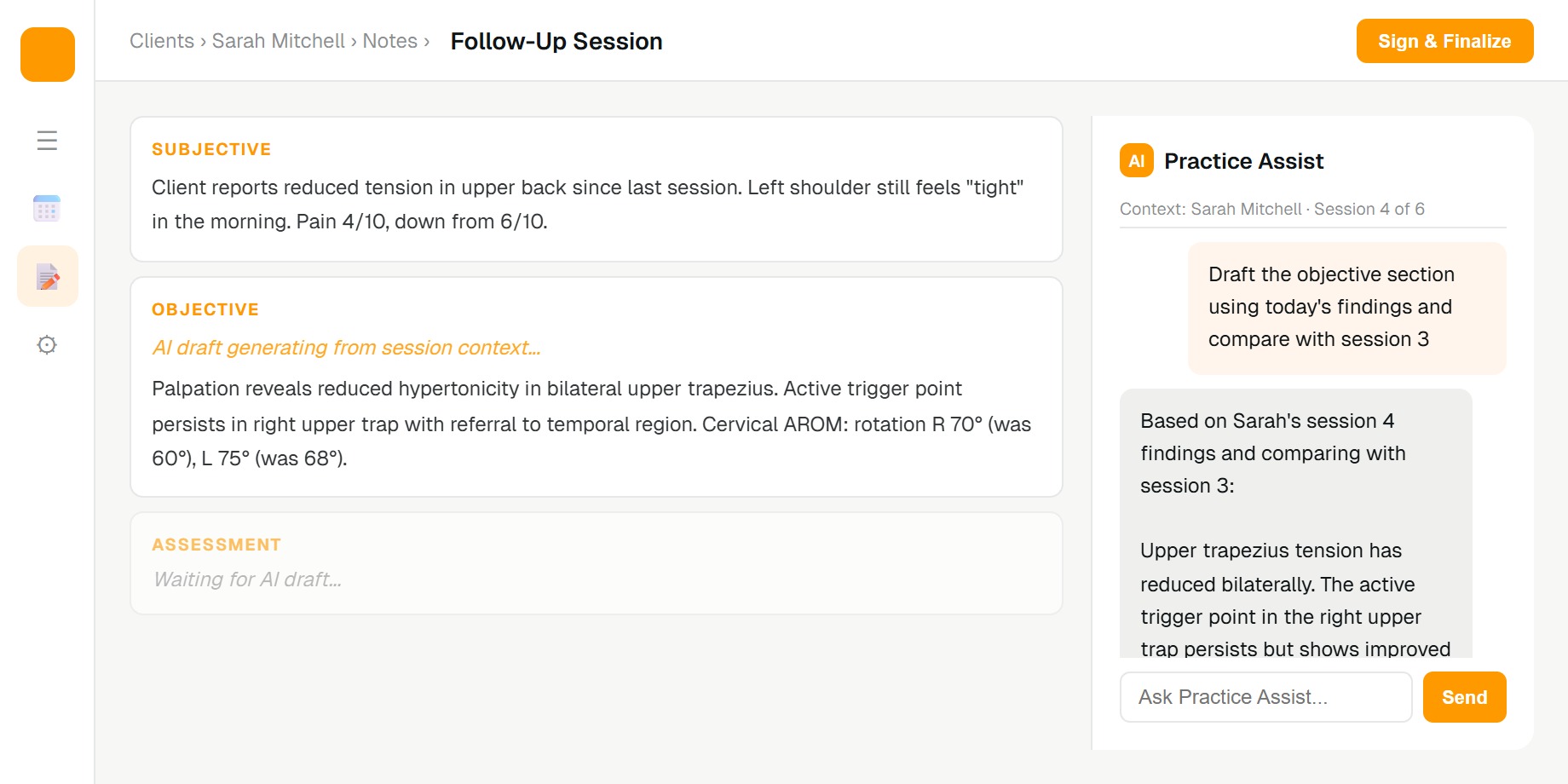 Practice Assist AI sidebar panel open alongside a clinical note editor with streaming response
