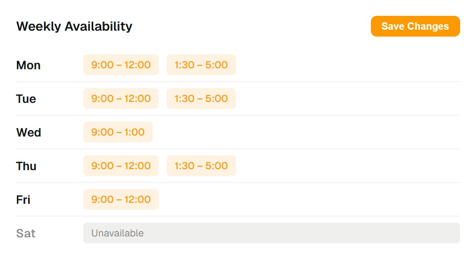 Weekly availability settings with toggleable time blocks
