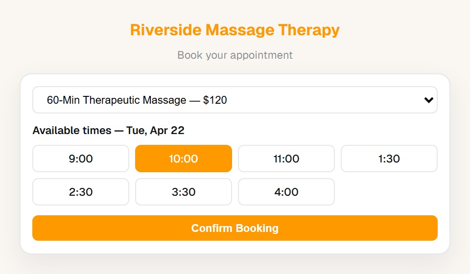 Client-facing booking page with appointment type selector and available time slots