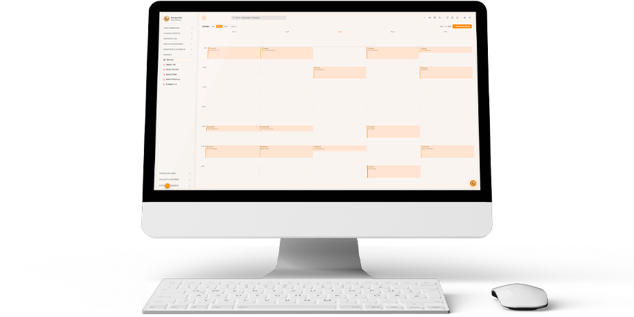 Week view calendar with color-coded massage therapy consultation appointments and sidebar appointment types