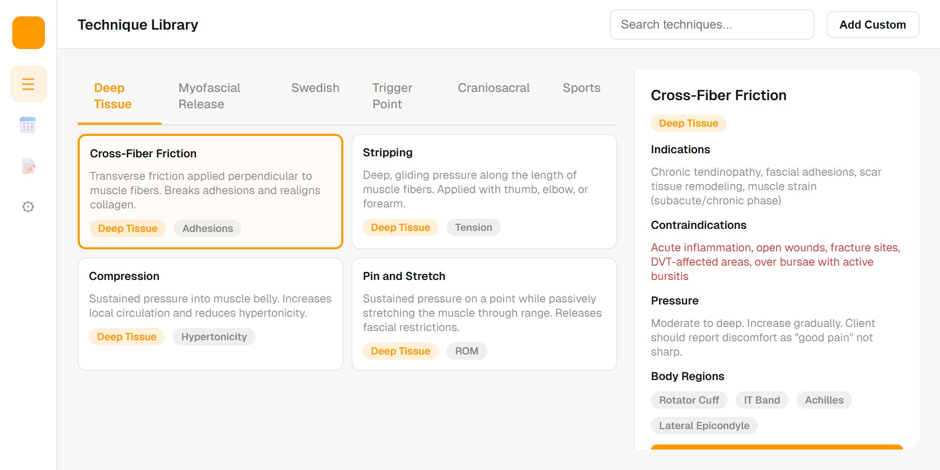 Searchable technique library showing modality categories with clinical detail panels