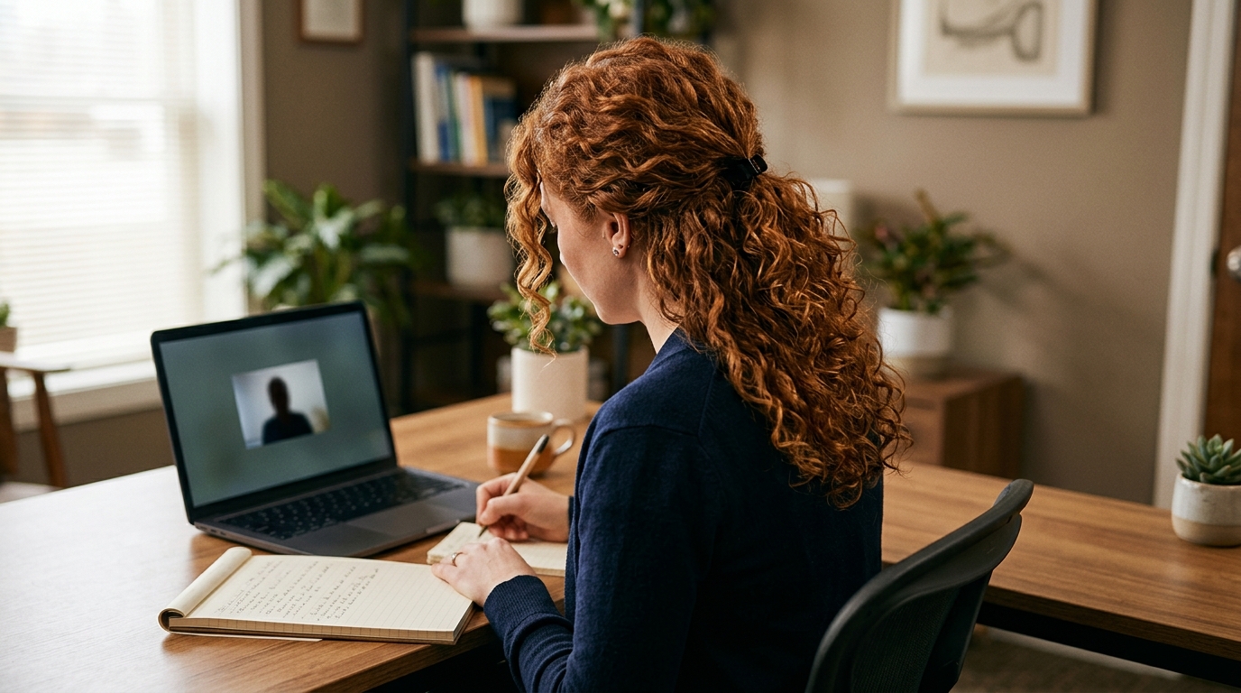Split view telehealth session — video call with client on left, structured massage therapy note workspace on right