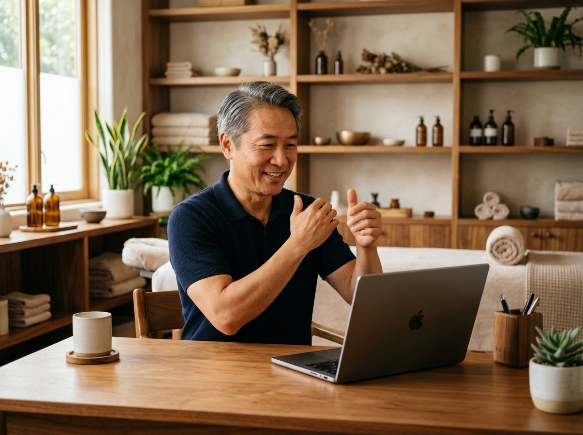 MassageClient practitioner conducting a telehealth session — client visible on screen, clinical interface in view