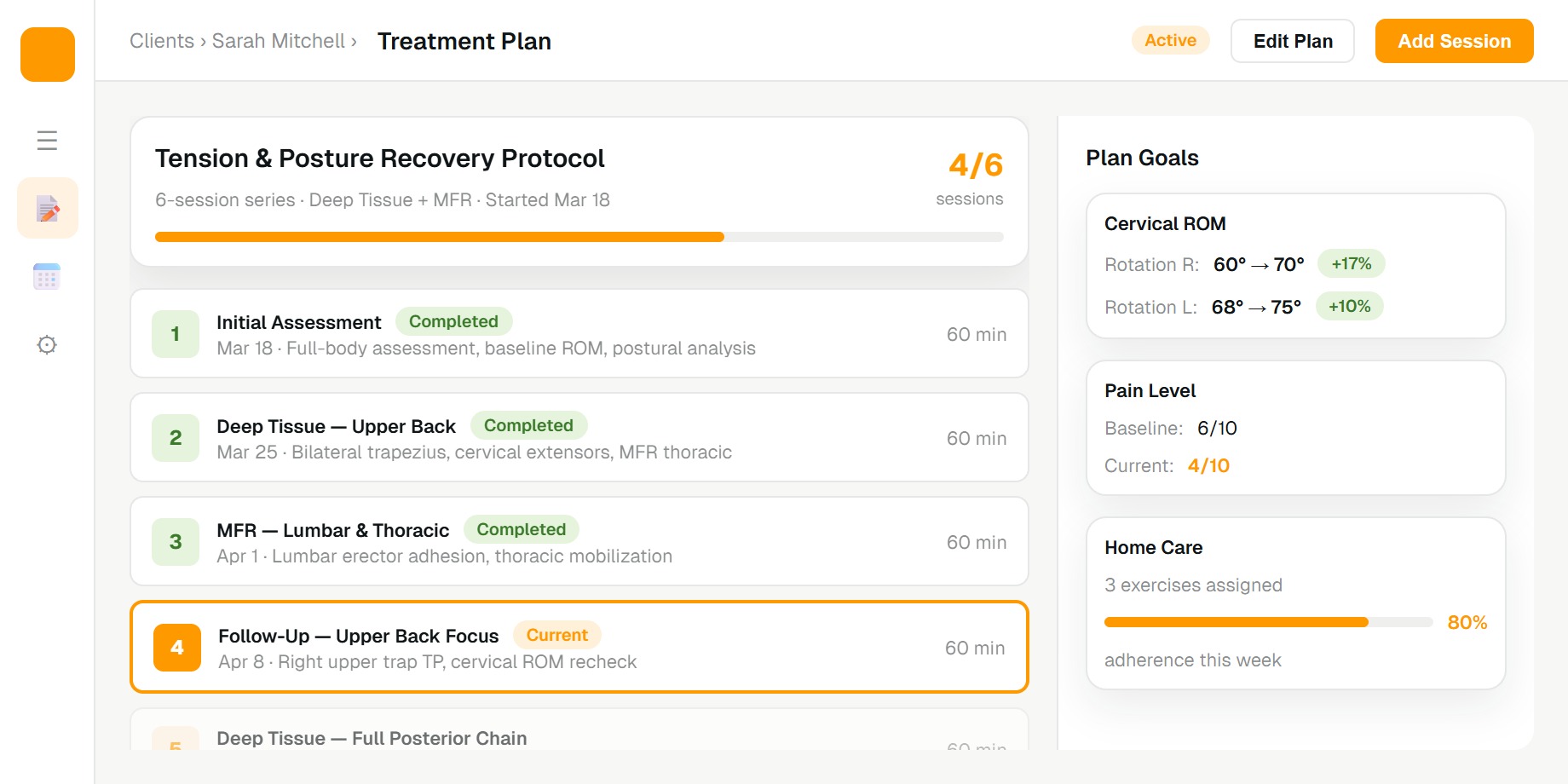 Treatment plan builder showing a 6-session series with technique assignments and progress goals