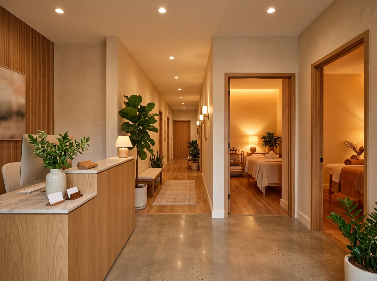 Modern wellness clinic with practitioners collaborating around client data on screens