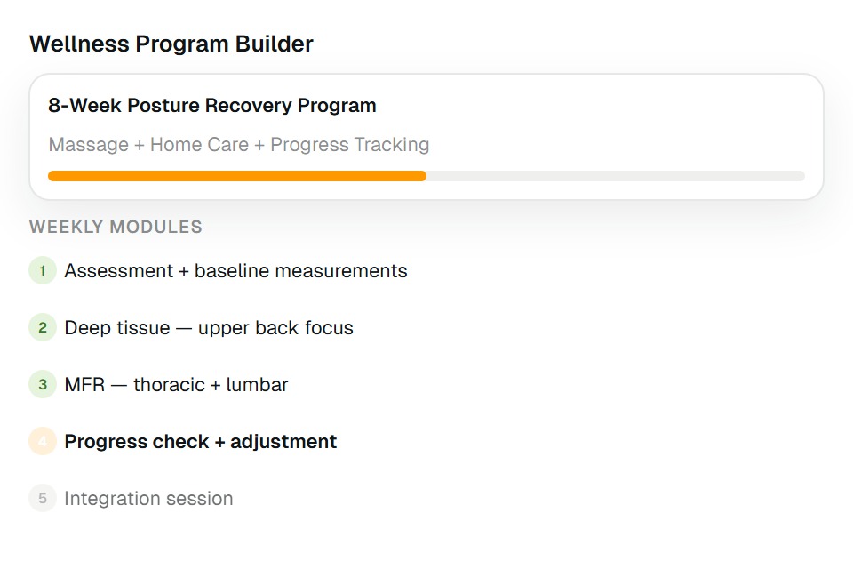Coaching program builder showing weekly modules with habit assignments and check-in schedules