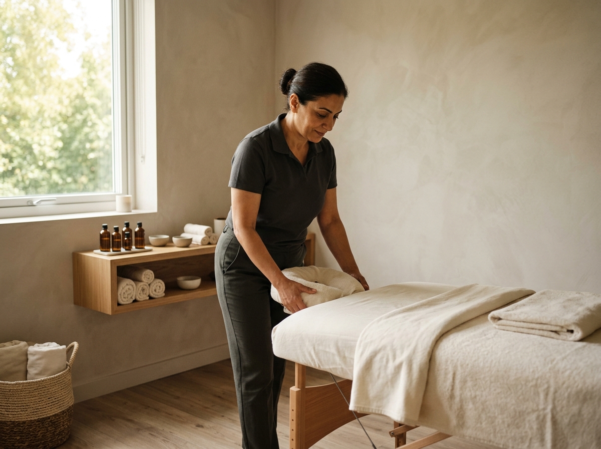 Solo massage therapy practitioner at a modern desk with a laptop showing a practice dashboard