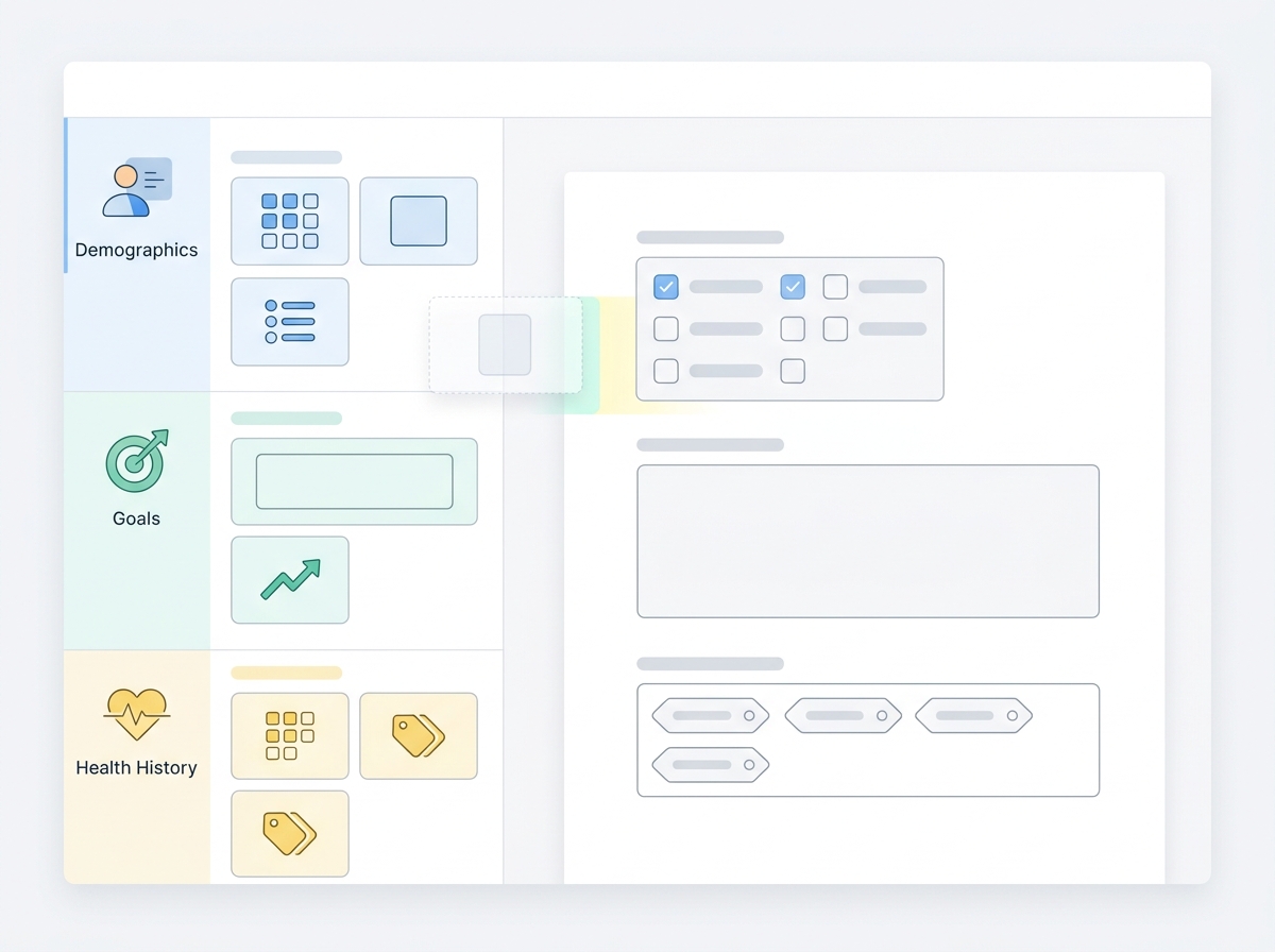 Drag-and-drop form builder with clinical field categories and a form being assembled
