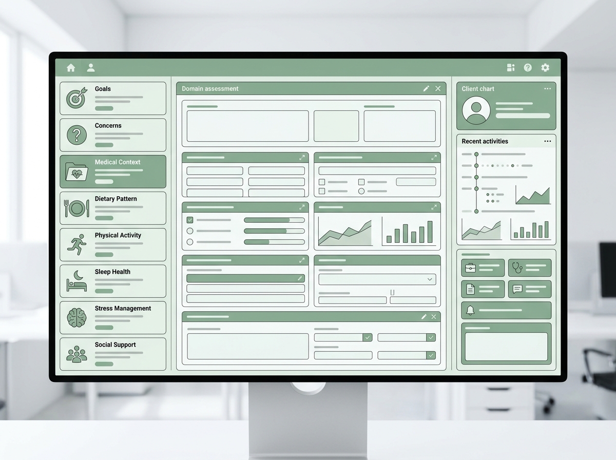 Clinical assessment workspace with domain-based review panel and inline chart context