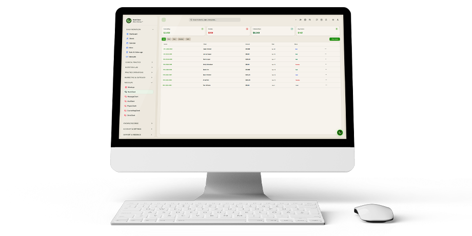 Practice Pulse revenue dashboard showing monthly revenue trend, session economics, and client lifecycle metrics