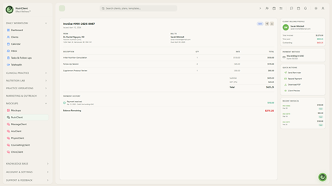 Professional invoice with line items for nutrition consultations, tax calculation, and sent status