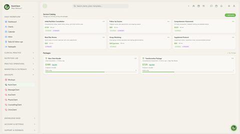 Services catalog showing nutrition practice services with pricing, duration, and bookability toggles