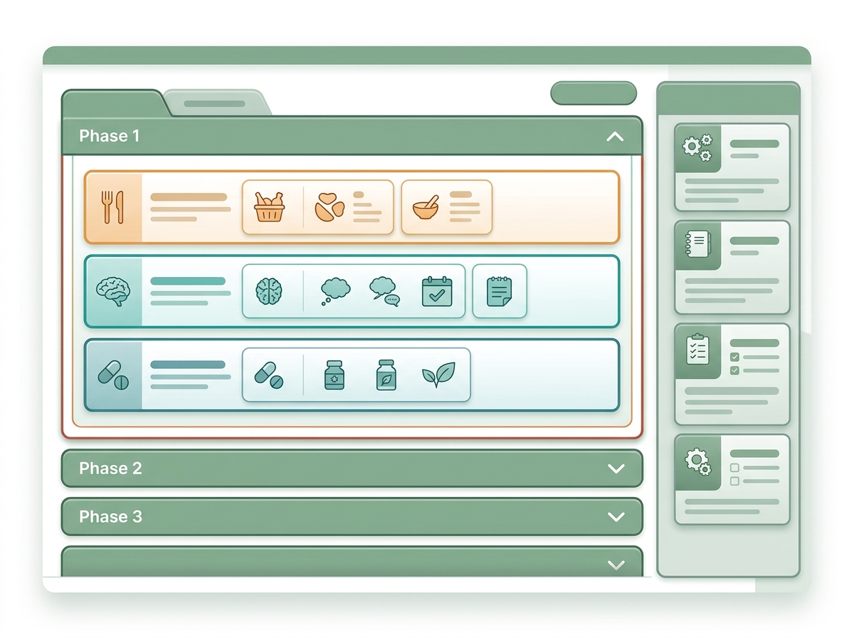 Multi-phase care plan builder showing dietary and supplement interventions across two phases