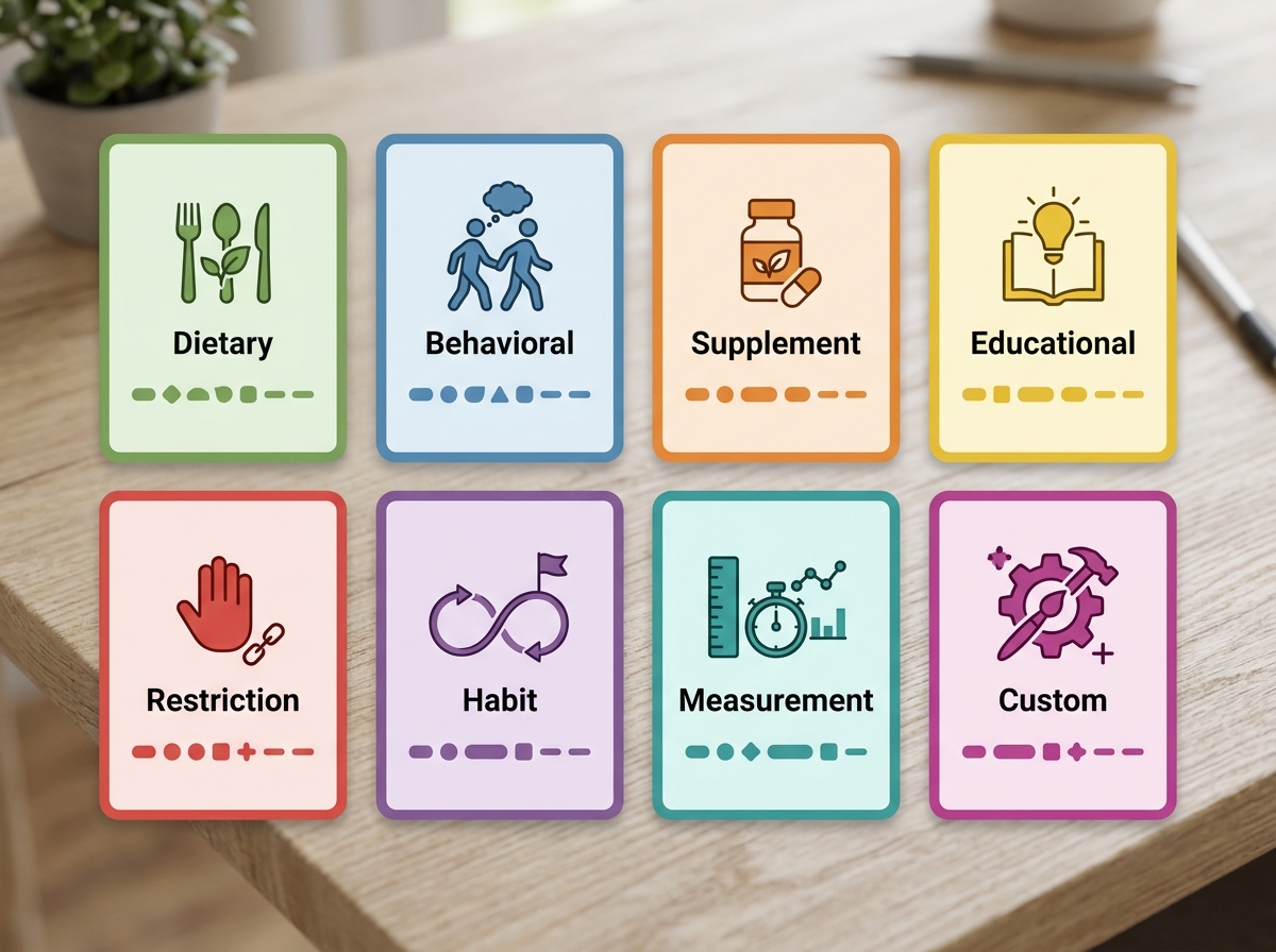 Intervention type selector showing 8 clinical intervention categories