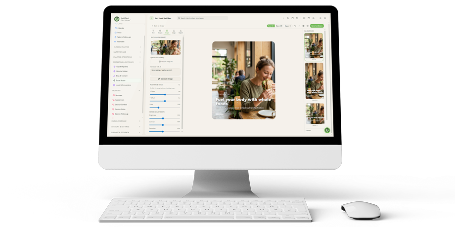 Social media studio with AI-assisted post composer, content calendar, and Instagram preview