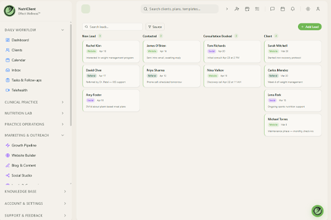 Lead capture pipeline showing stages from website visit to client conversion with source attribution