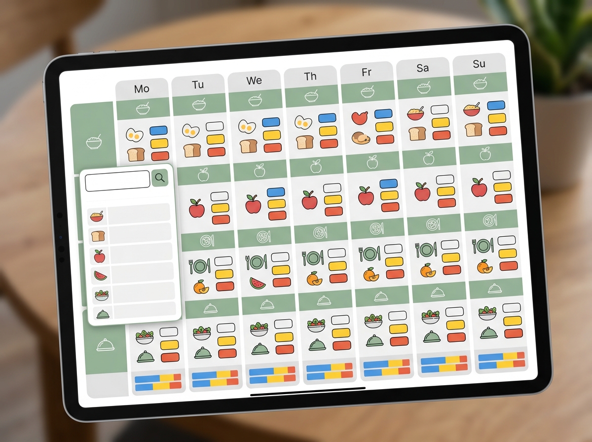 Plan Lab meal planning workspace showing a structured weekly plan with macro totals