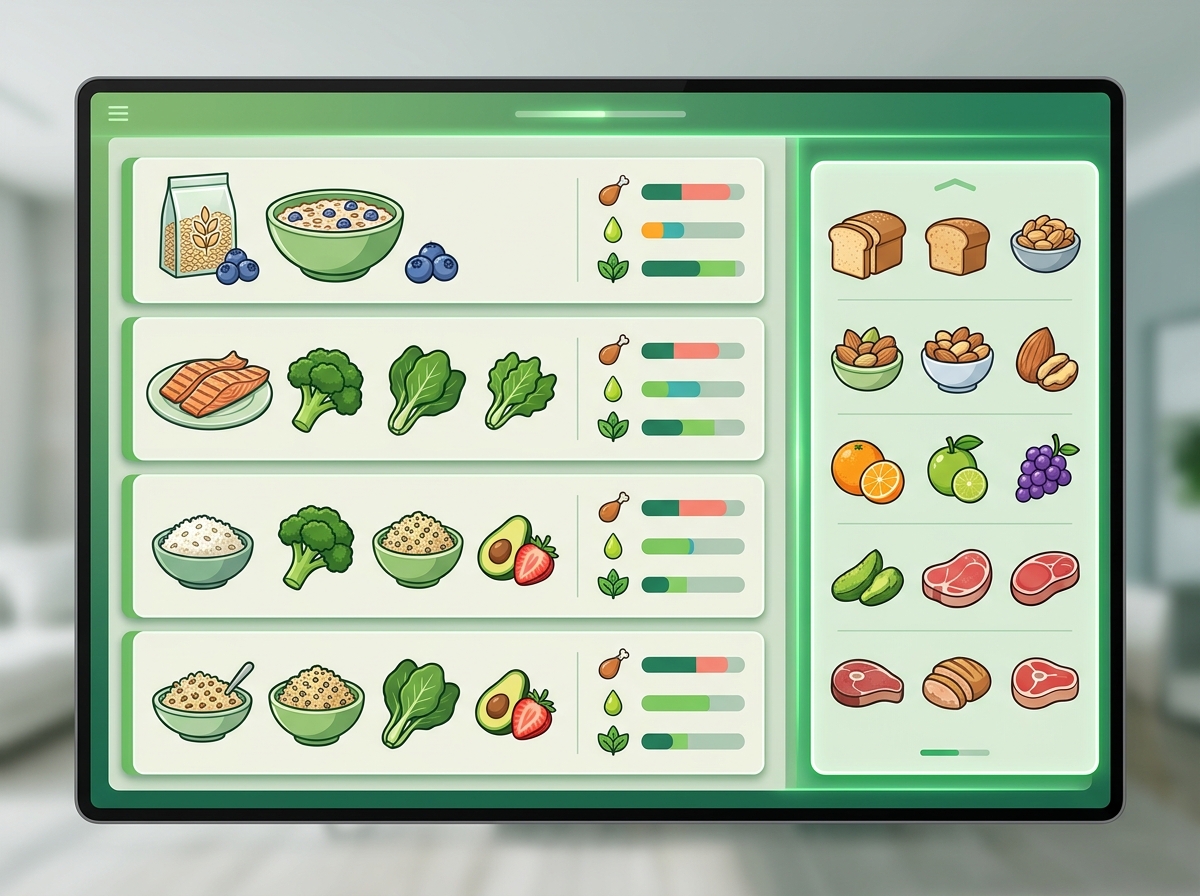 Structured meal plan view with gram portions and live macro totals per meal