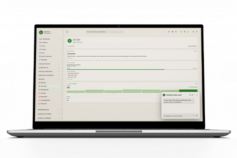 Practice Assist chat with @client search dropdown and context-aware response referencing tracker data