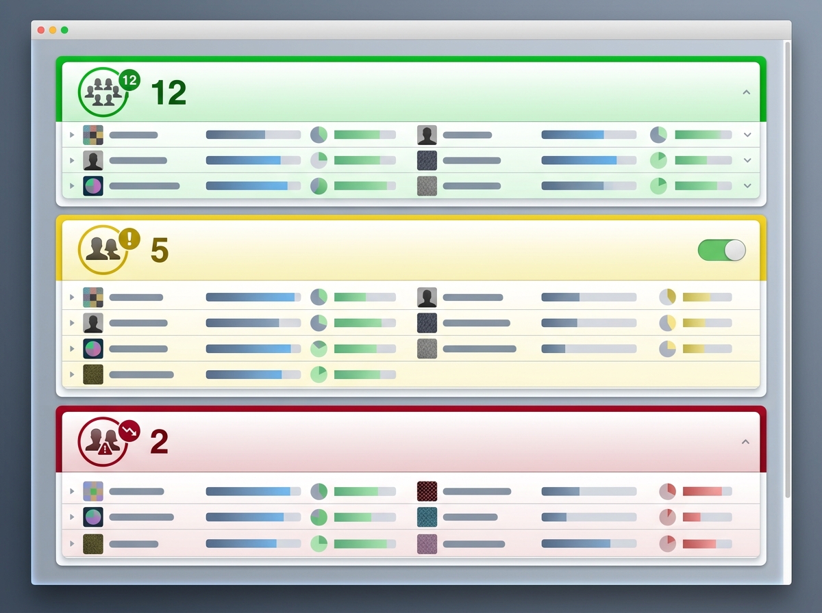 Caseload view with green, yellow, and red client engagement tiers and attention ranking