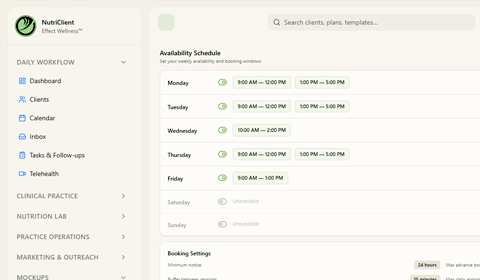 Weekly availability settings with toggleable time blocks