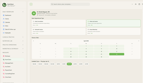 Client-facing booking page with appointment type selector and available time slots