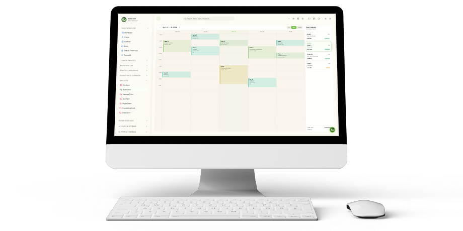 Week view calendar with color-coded nutrition consultation appointments and sidebar appointment types