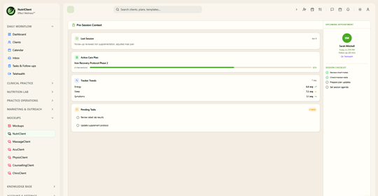 Pre-session context panel showing client chart, care plan, and recent tracker data