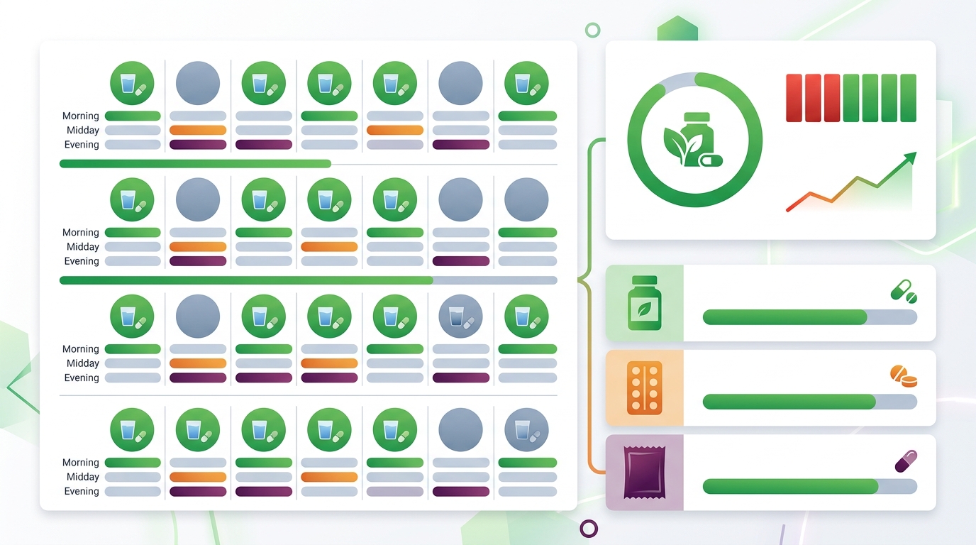 Adherence tracking dashboard showing per-supplement adherence rates and daily compliance timeline
