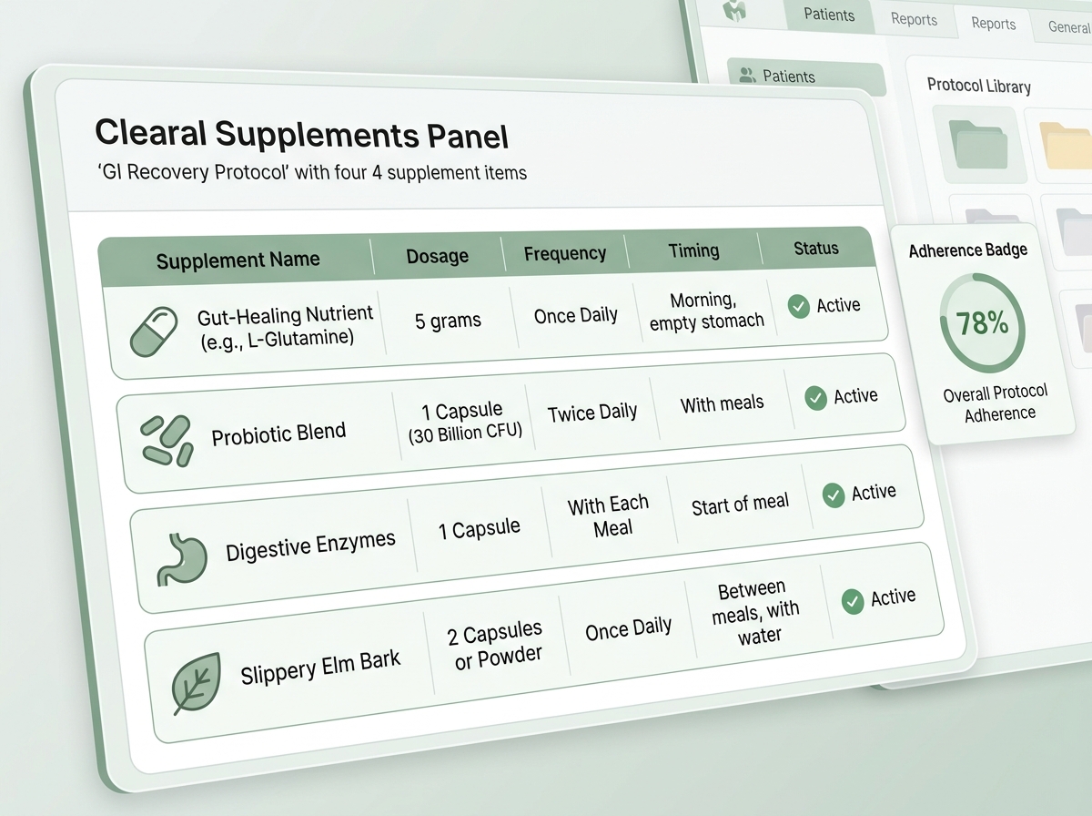 Supplement protocol management interface showing an active GI Recovery Protocol with dosage and adherence data
