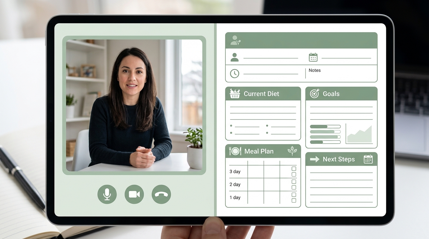 Split view telehealth session — video call with client on left, structured nutrition note workspace on right