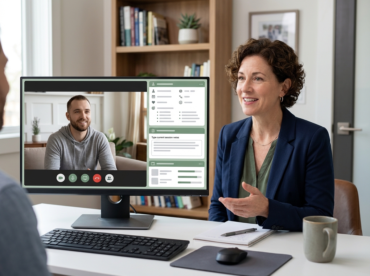 NutriClient practitioner conducting a telehealth session — client visible on screen, clinical interface in view