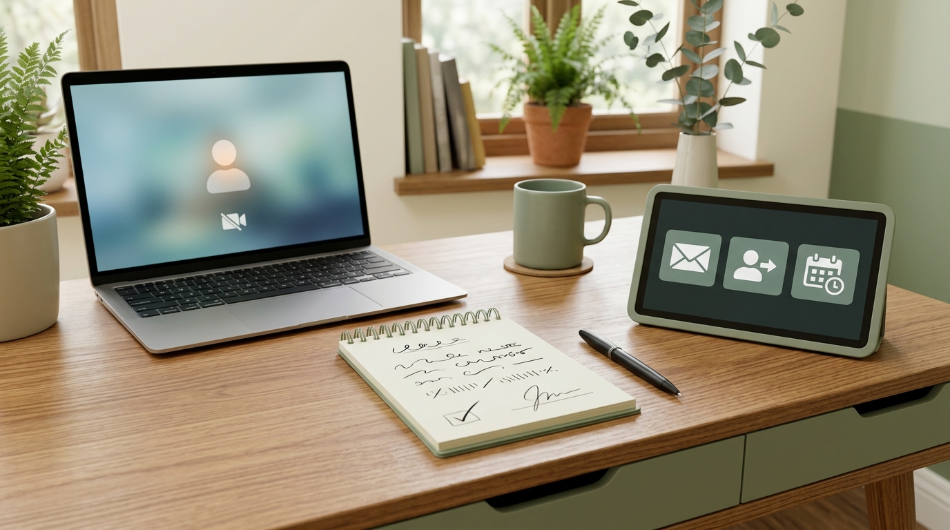 Post-session workspace with signed note confirmation and follow-up panel for messaging, assigning, and booking