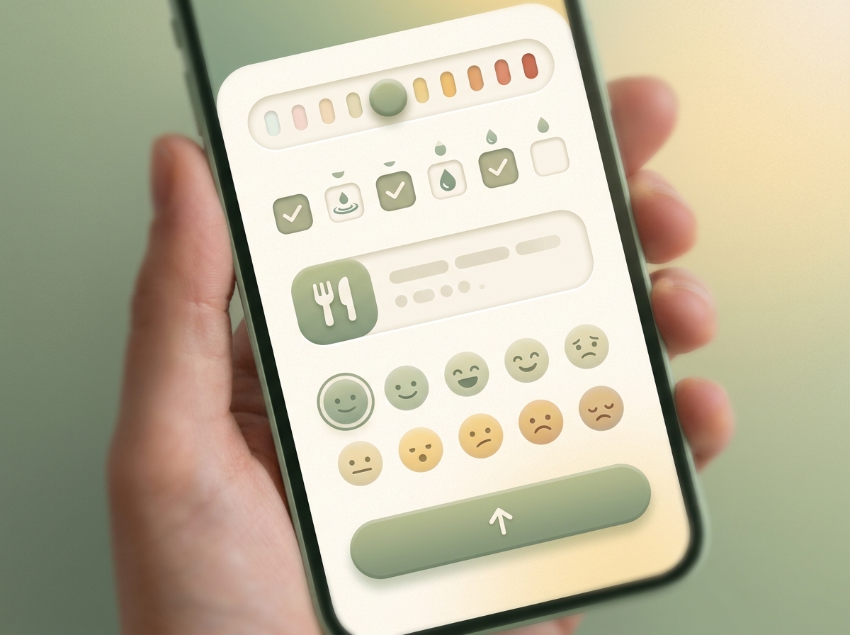 Mobile-friendly client daily logging interface with symptom slider, hydration grid, and food entry