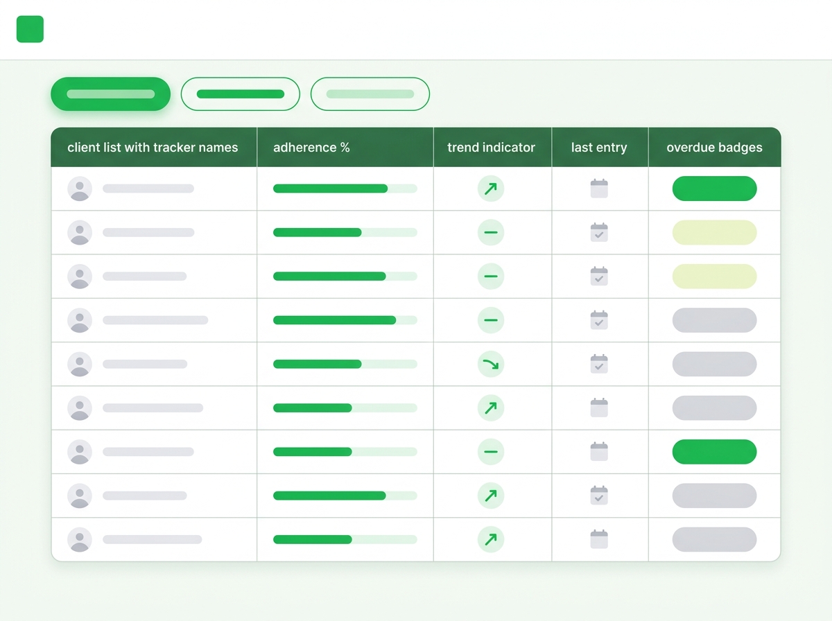 Practitioner tracker review dashboard with client adherence rates, trends, and overdue badges