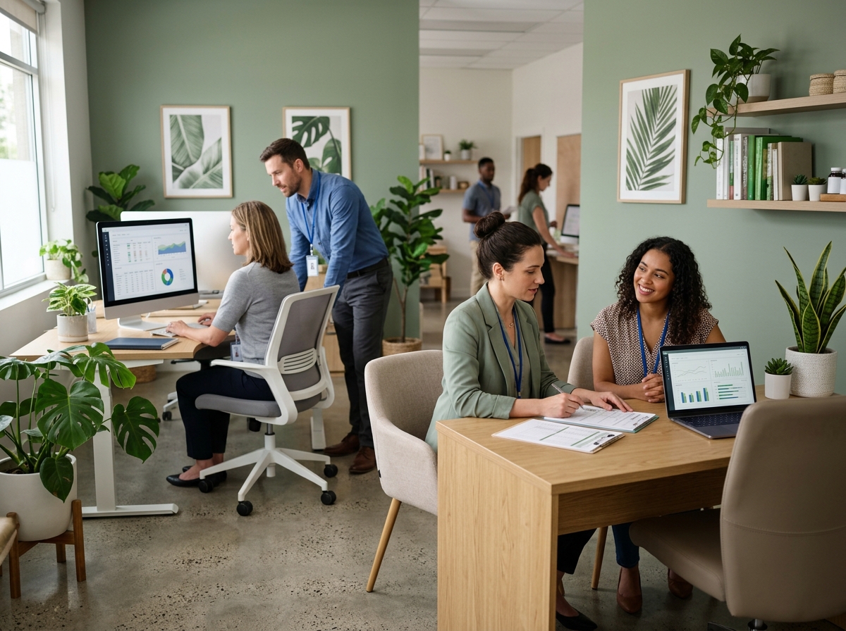 Modern wellness clinic with practitioners collaborating around client data on screens